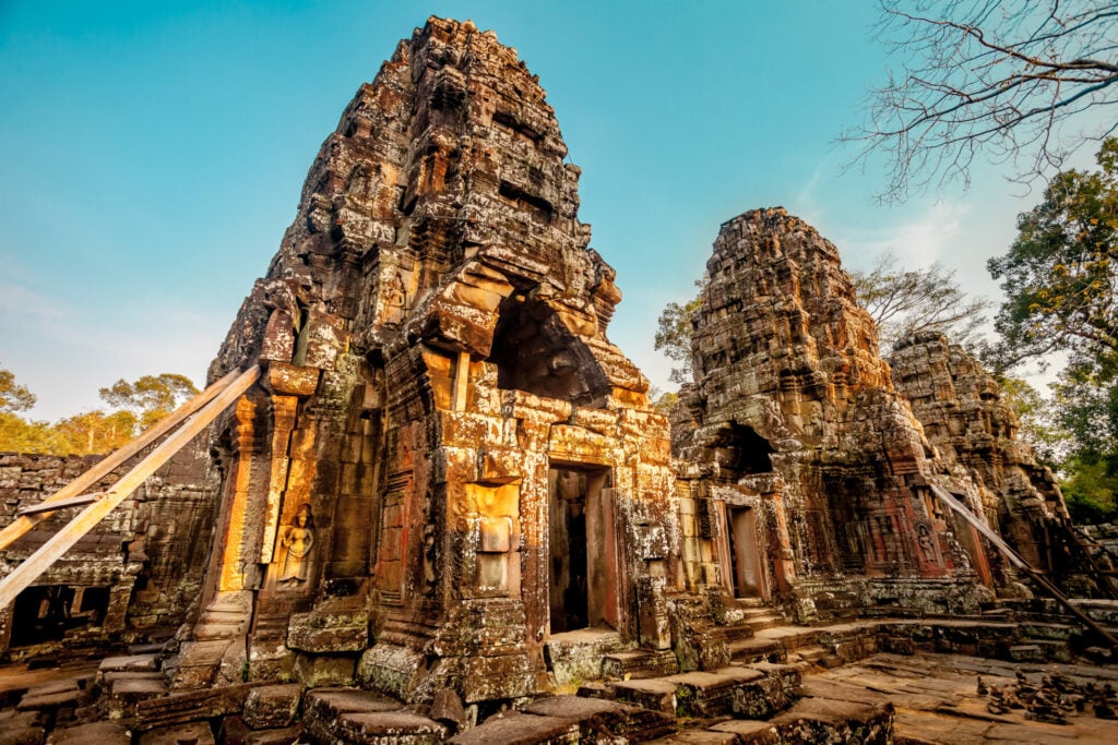 Angkor Wat Temple in Cambodia is the largest religious monument in the world and a World heritage listed complex, inscribed on the UNESCO World Heritage List in 1992. Ancient Khmer architecture