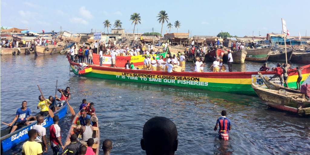 Fishing boats on the water at the habour in Accra, Ghana.