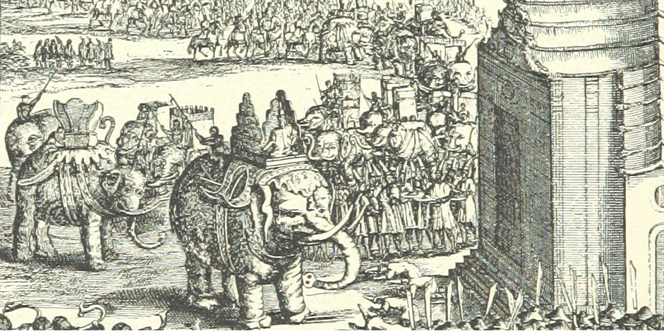 An illustration from a 19th century text shows elephants used in a grand procession. Historically, elephants in Thailand were used to indicate status.