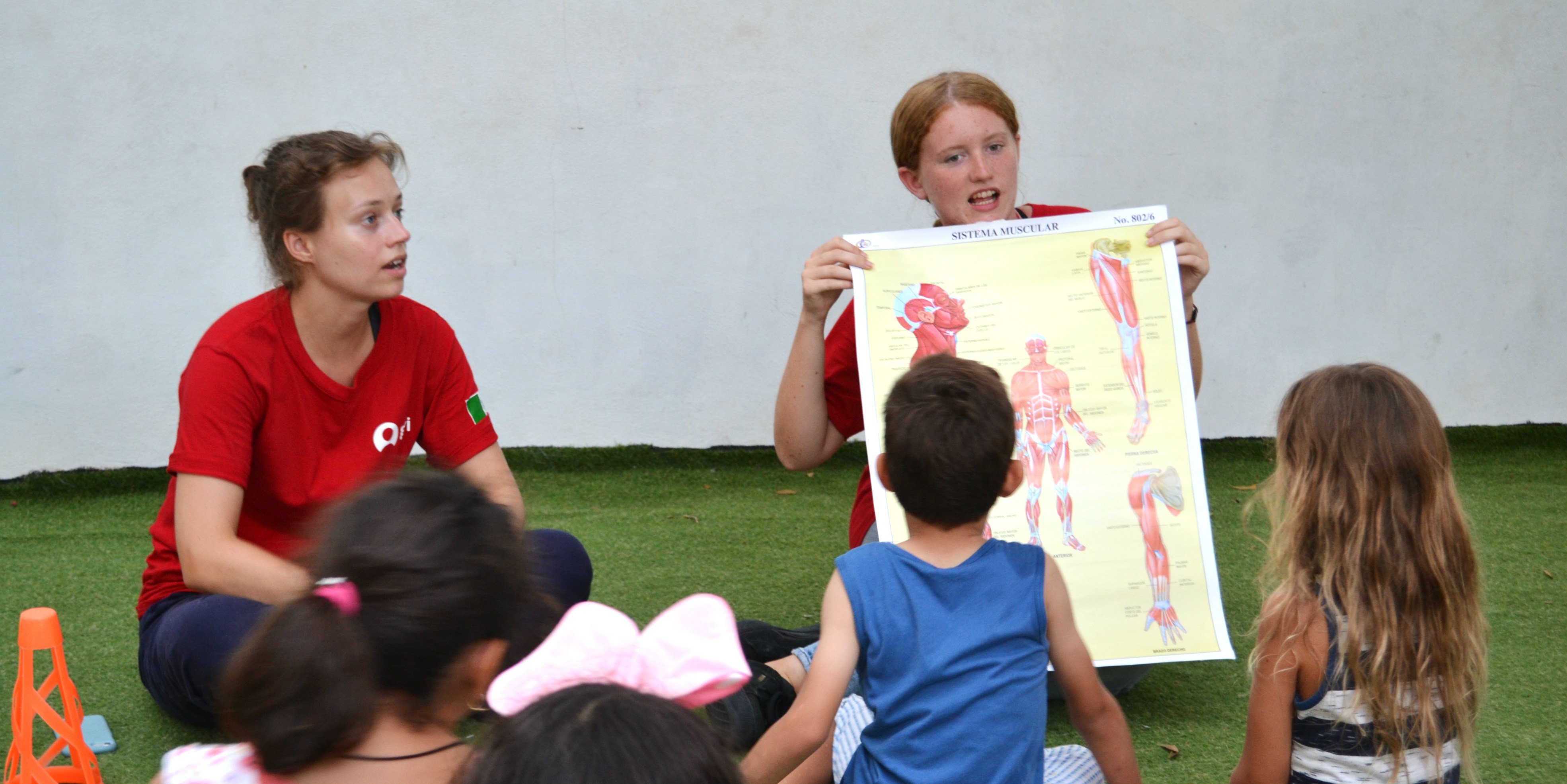 A GVI participant leads a lesson on the different parts of the body while volunteering with children in Mexico.