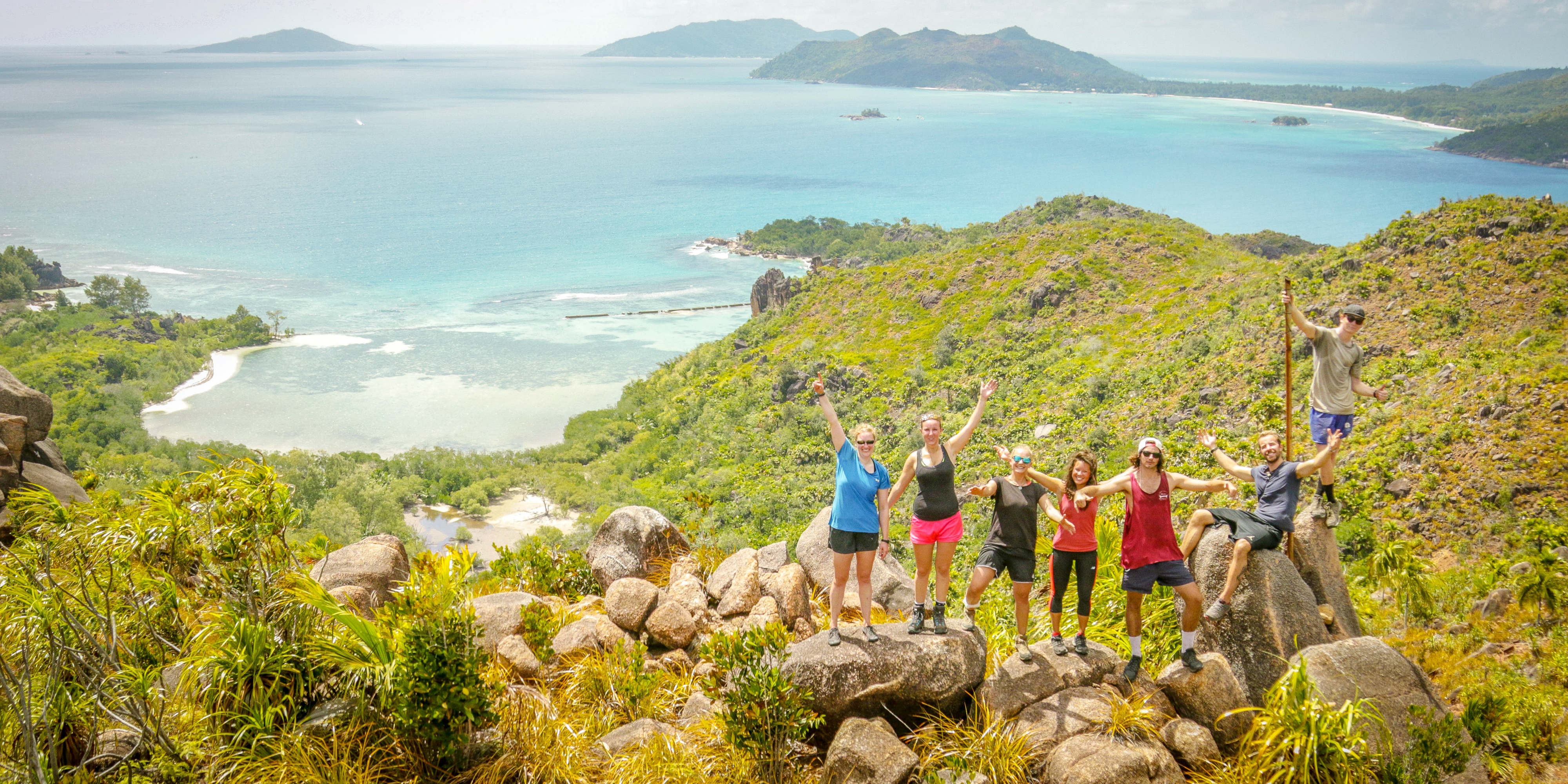 GVI participants enjoy the view from the summit of Curieuse Island while volunteering in Seychelles.