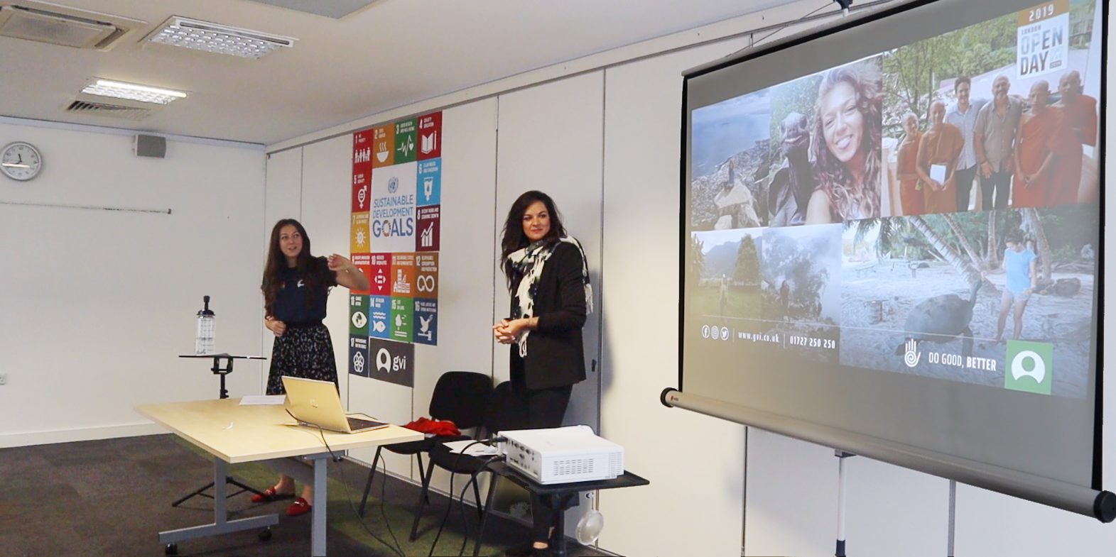 GVI staff give a presentation on the organisation's programs. Teens looking to kickstart their own volunteer projects should be willing to do similar presentations to raise funds and awareness. 