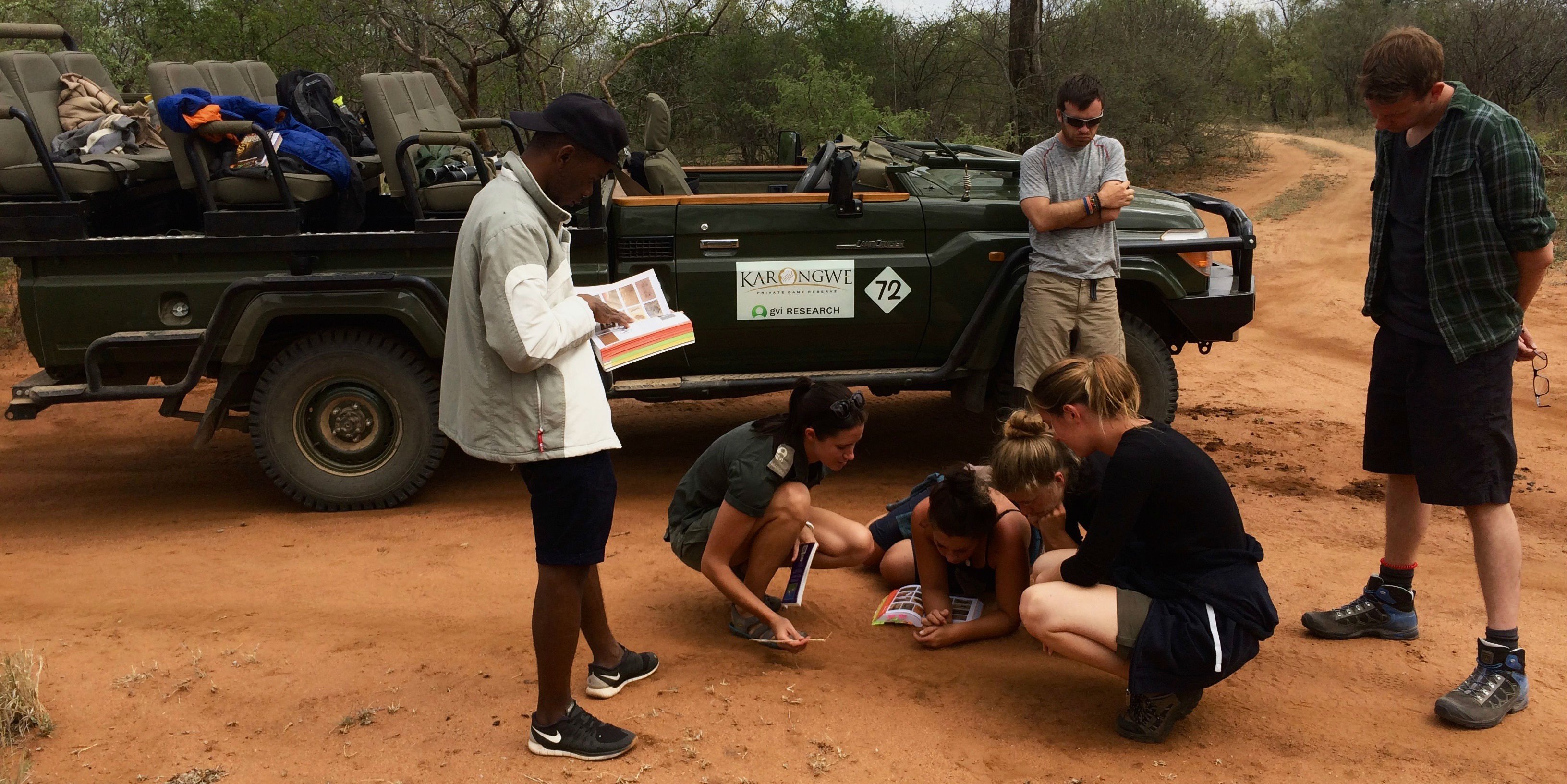 GVI participants learn to identify animal tracks while in South Africa on a breakers careers. 