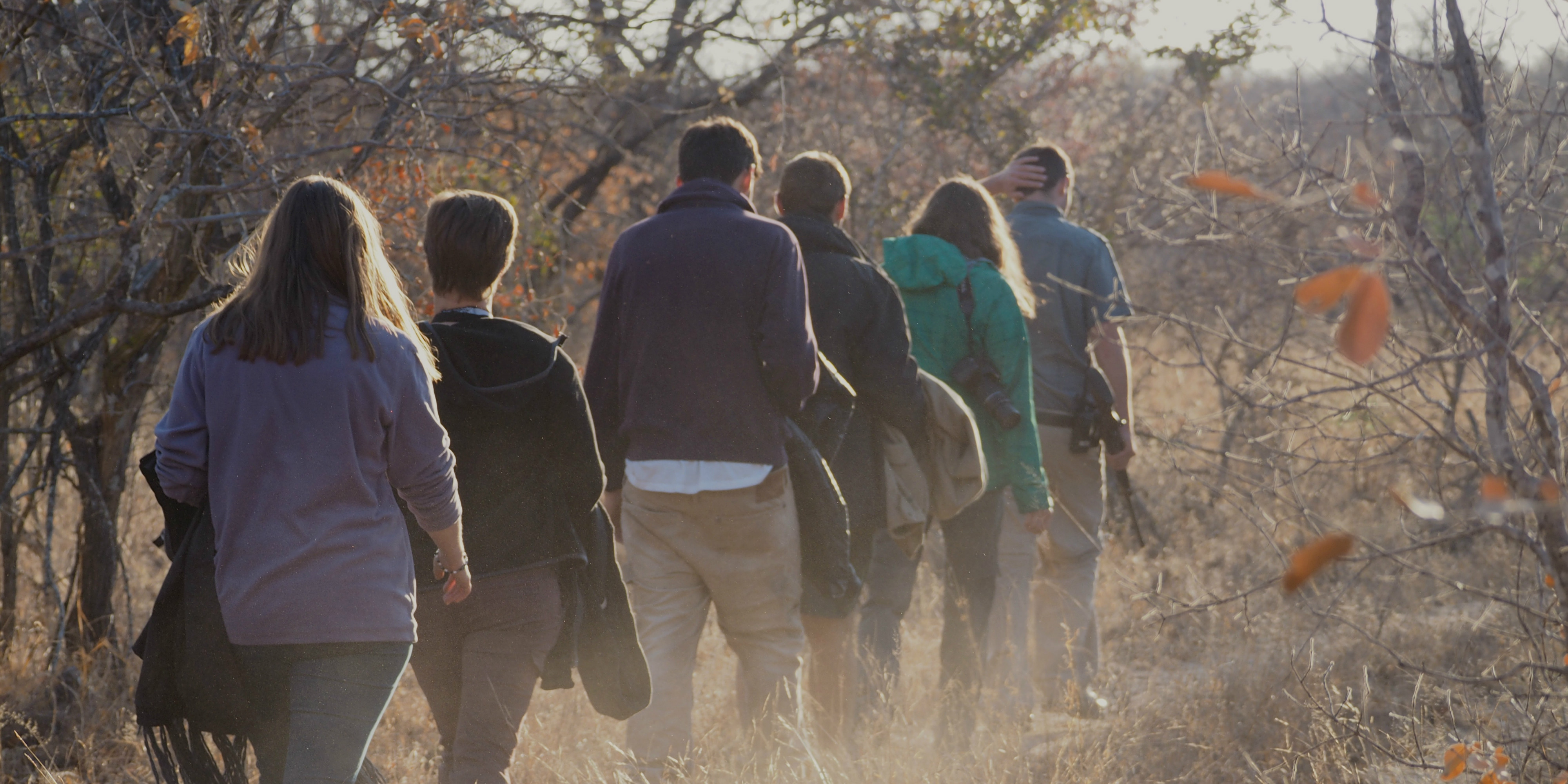 Participants walk through the African bushveld on a responsible travel program.