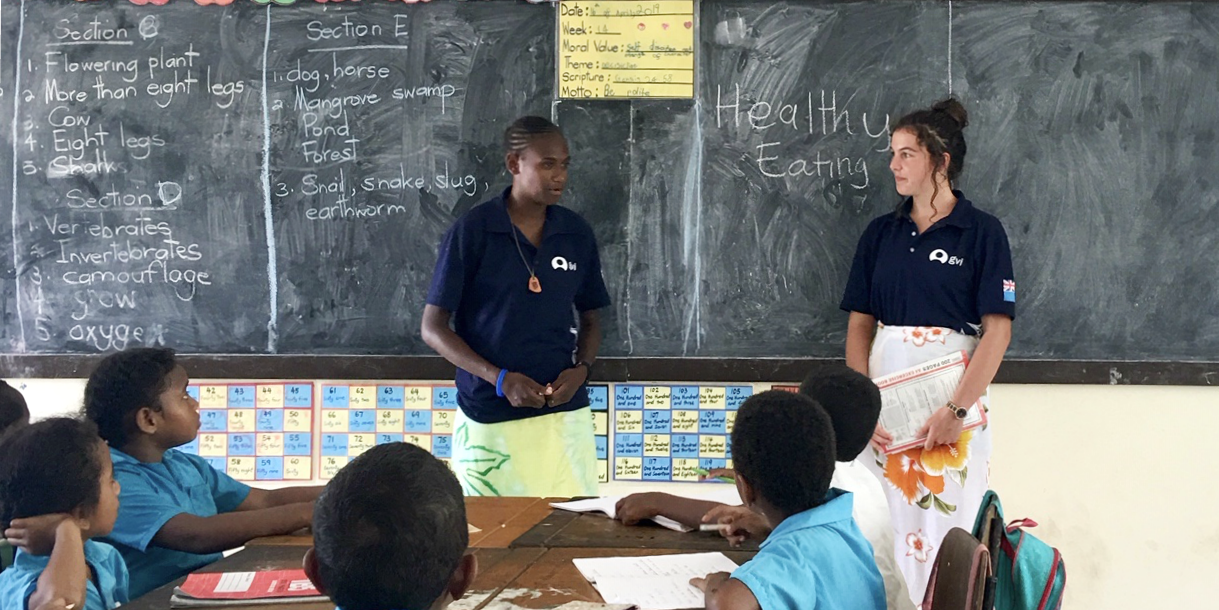 GVI participants working with children practice their TEFL skills in a classroom.