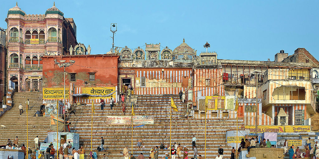 You'll encounter gorgeous buildings when you take a walking tour in Varanasi, India