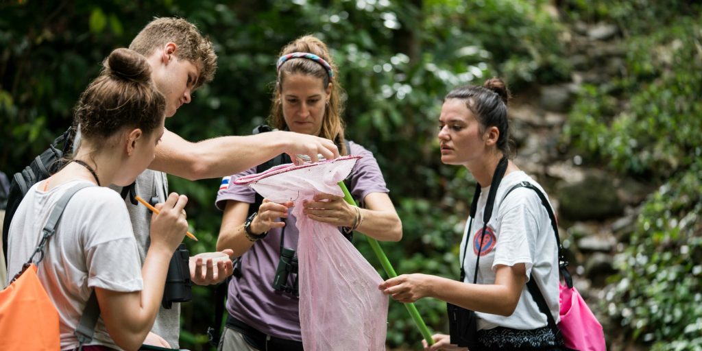 One volunteer holding a plastic bag while other volunteers fill it.