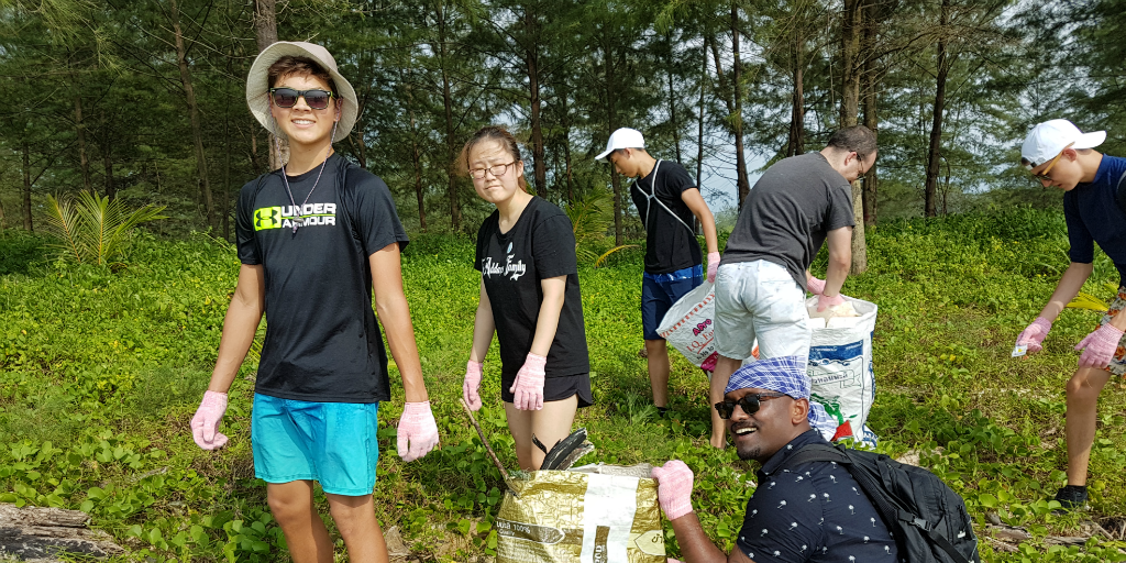 Volunteers picking up litter in the forest.