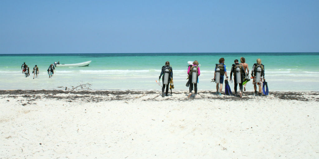 GVI volunteers get ready for a dive in the ocean. 