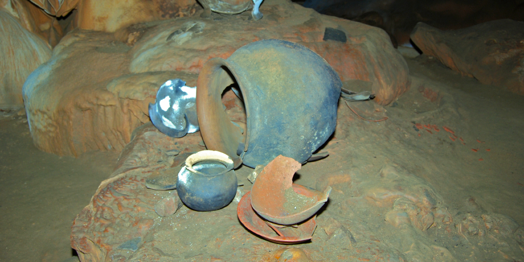 Some broken Maya pottery found in the Actun Tunichil Muknal cave in Belize. 