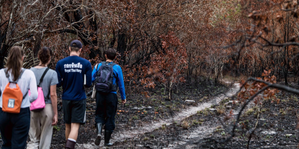 GVI volunteers on a hike and assess the environment. 